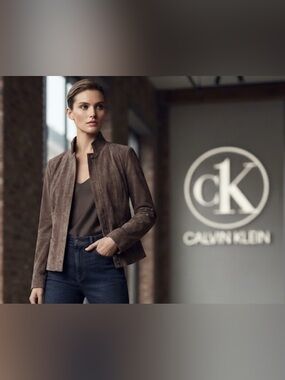 Authentic Calvin Klein designer brown distressed suede leather jacket coat Sz S